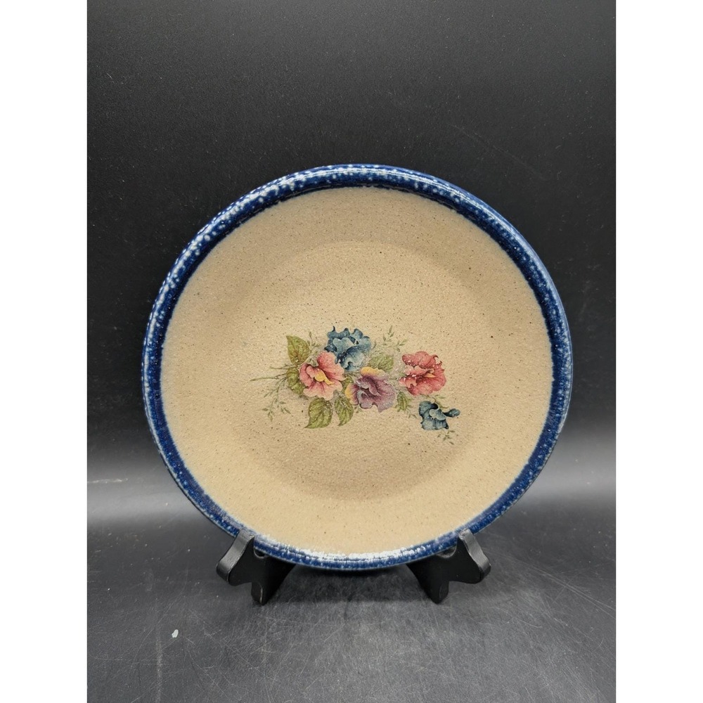 Monroe Salt Works Floral Studio Pottery Stoneware Plate Blue‎ Sponged Rim Signed